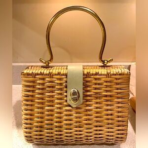 Gorgeous Vintage Simon Purse Wicker Handbag Brass Swing Handle Leather Strap